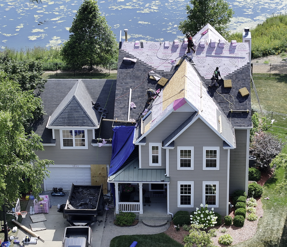 Exterior Echelon roofing project in progress in Huntley IL